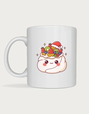Christmas Pavlova Mug - cute pavlova in a Santa hat topped with strawberries, kiwi and blueberries on a white ceramic Christmas mug