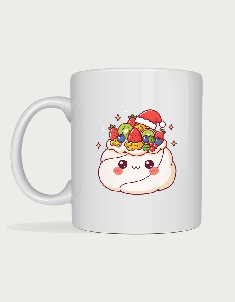 Christmas Pavlova Mug - cute pavlova in a Santa hat topped with strawberries, kiwi and blueberries on a white ceramic Christmas mug