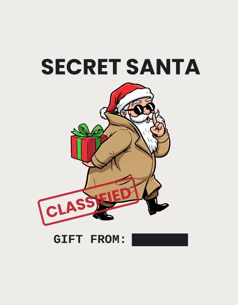 Secret Santa Mug design - cartoon spy Santa shushing with a hidden gift, CLASSIFIED stamp and blacked-out gift from line