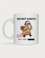 Secret Santa Mug - spy Santa in a trench coat and sunglasses with a CLASSIFIED stamp and redacted gift from line on a white ceramic mug
