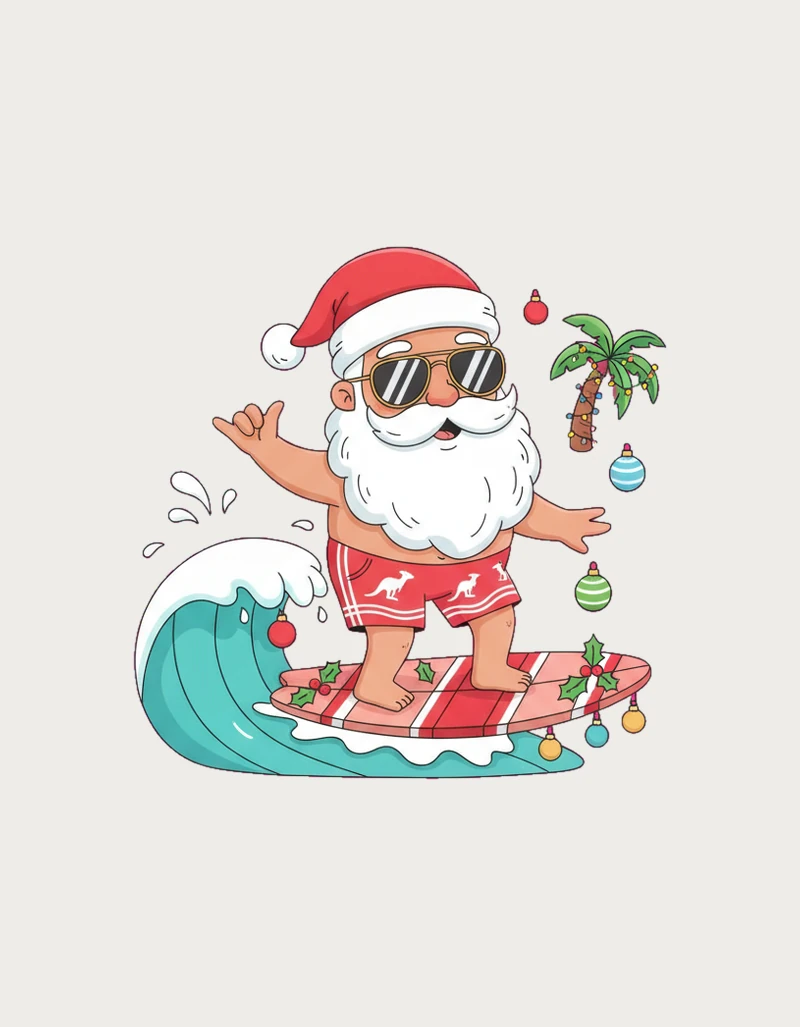 Surfing Santa Mug design - cool Aussie summer Christmas Santa surfing with kangaroo boardies