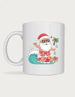 Surfing Santa Mug - Santa in sunnies riding a candy-cane surfboard on a printed white ceramic Christmas mug