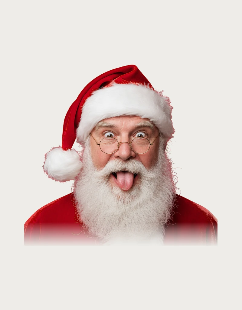 Funny Santa Mug design - cheeky Santa Claus in red hat and glasses making a funny face