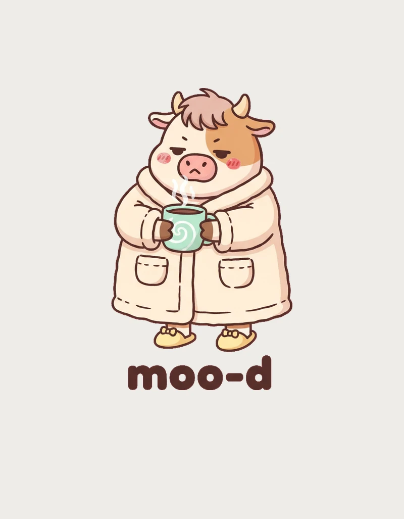 Cute cow in a dressing gown with the text moo-d, the design for the moo-d cow mug