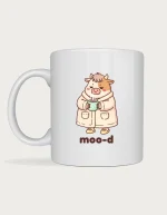 Moo-d cow mug with a cute cow in a dressing gown holding coffee, printed on a white ceramic mug