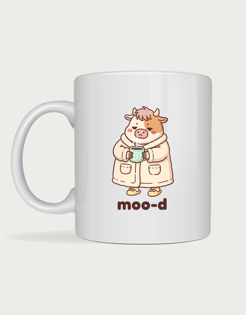 Moo-d cow mug with a cute cow in a dressing gown holding coffee, printed on a white ceramic mug