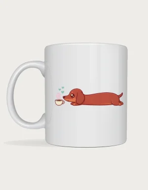 Dachshund mug – cute sausage dog sniffing a steaming coffee cup, dachshund gift mug Australia