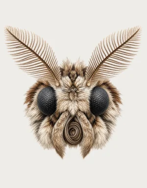 Moth face mug design - close-up of a fluffy moth face with feathery antennae, shown on a plain background