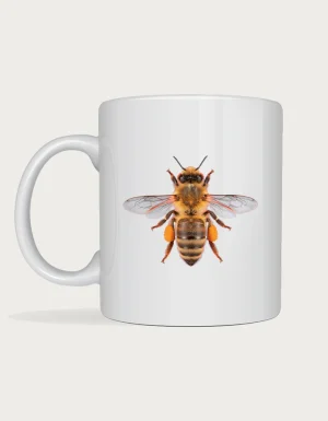 Bee mug - realistic macro photograph of a honey bee with pollen