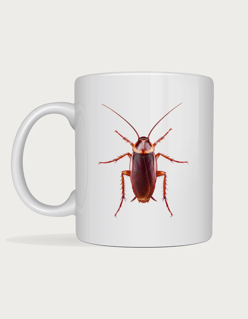 Realistic cockroach mug with a macro top-down American cockroach print