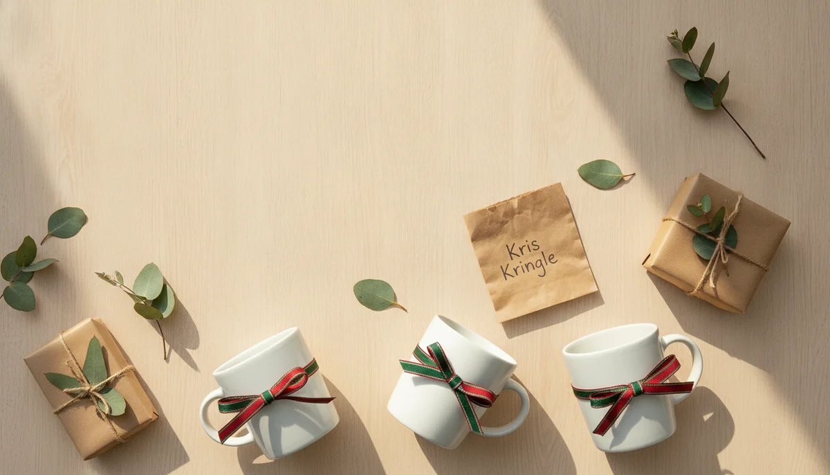 White mugs with Christmas ribbon, kraft gifts and eucalyptus leaves for Kris Kringle gift ideas