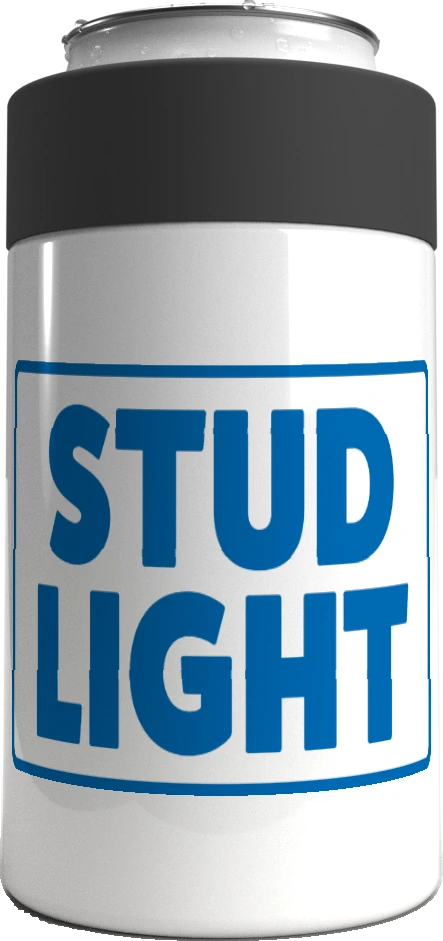 Stud Light metal stubby holder – with the screw-in cap lifted off