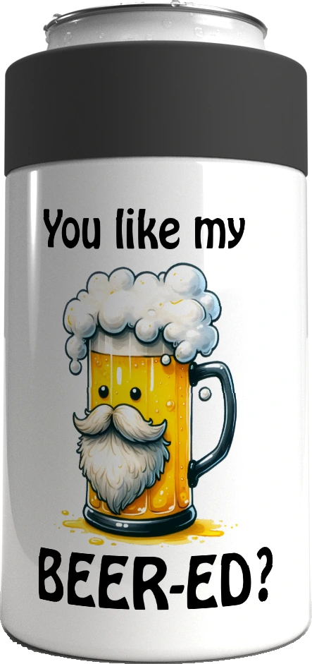 You Like My Beer-ed? metal stubby holder – with the screw-in cap lifted off