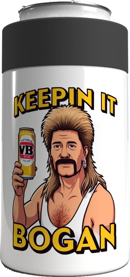 Keepin It Bogan metal stubby holder – with the screw-in cap lifted off