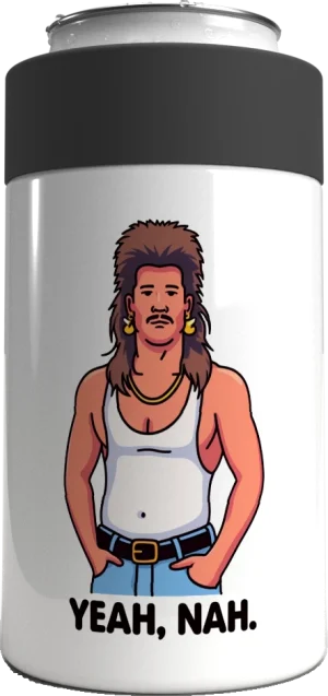Yeah Nah metal stubby holder with a mullet-haired bogan in a singlet