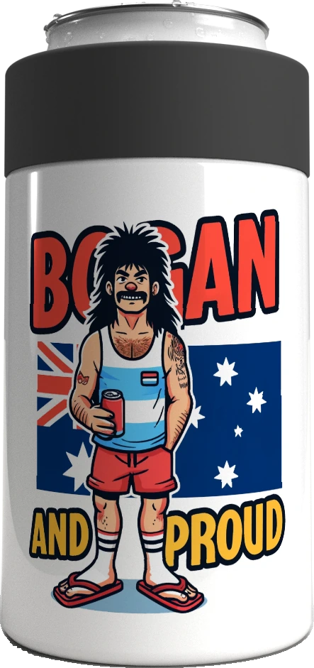 Bogan and Proud metal stubby holder – with the screw-in cap lifted off