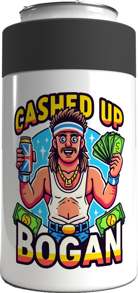 Cashed Up Bogan metal stubby holder – with the screw-in cap lifted off