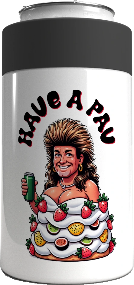 Have A Pav metal stubby holder – with the screw-in cap lifted off