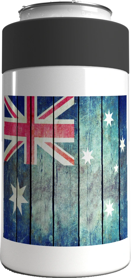 Classic Aussie Flag metal stubby holder – with the screw-in cap lifted off