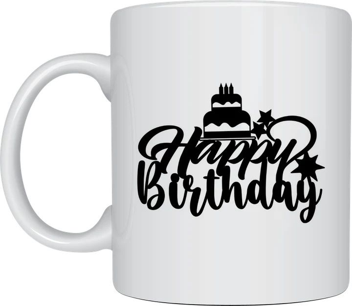 Happy birthday mug - script lettering with cake and stars design