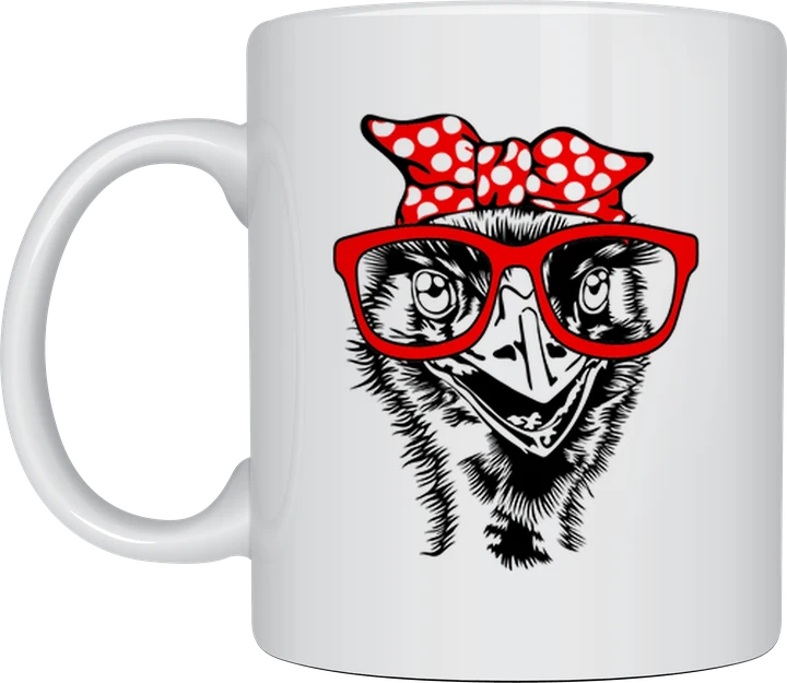 Bird mug - emu wearing red glasses and a polka dot headscarf