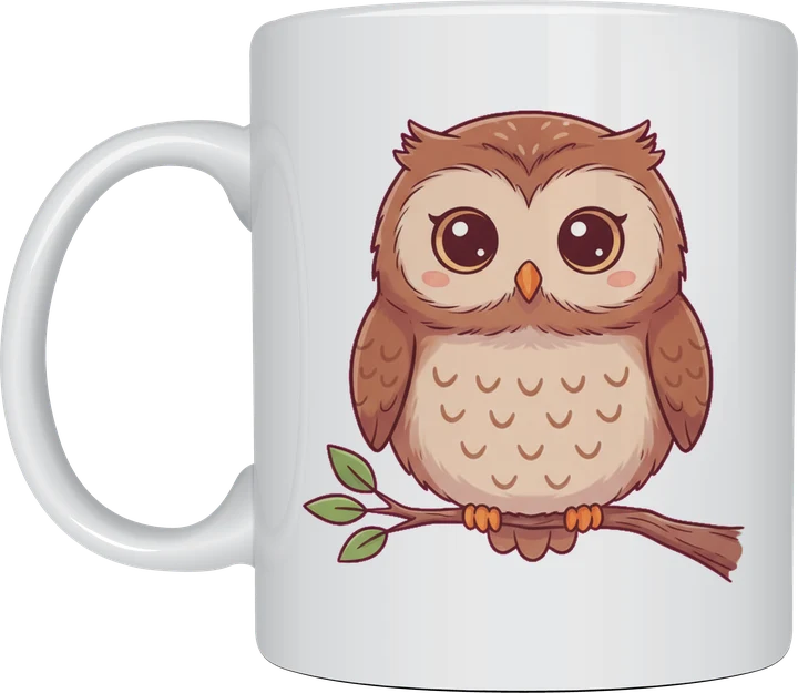 Owl mug with a cute brown owl perched on a leafy twig, on a white ceramic mug