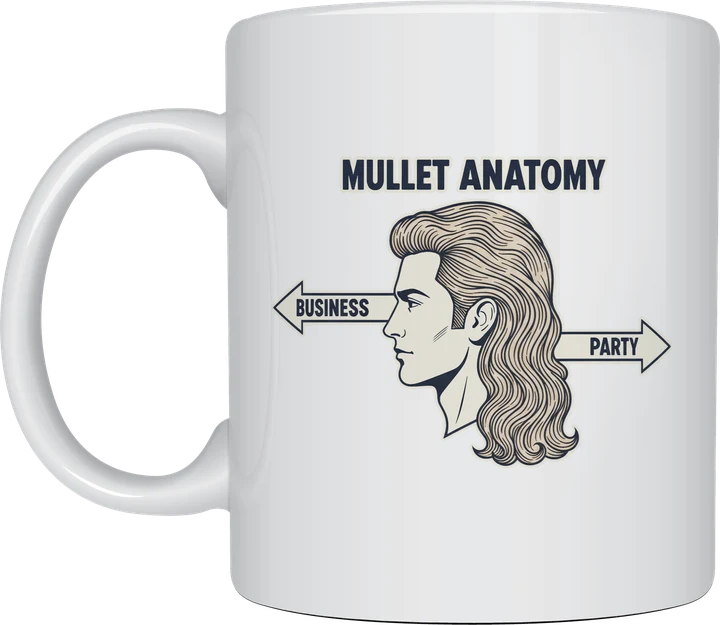 Mullet mug: Vintage line drawing of a man with a mullet in profile, arrows labelled Business and Party, under the title Mullet Anatomy