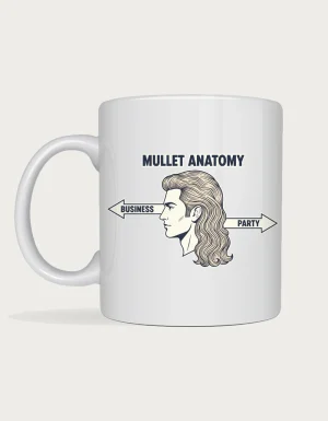 Mullet mug: Vintage line drawing of a man with a mullet in profile, arrows labelled Business and Party, under the title Mullet Anatomy