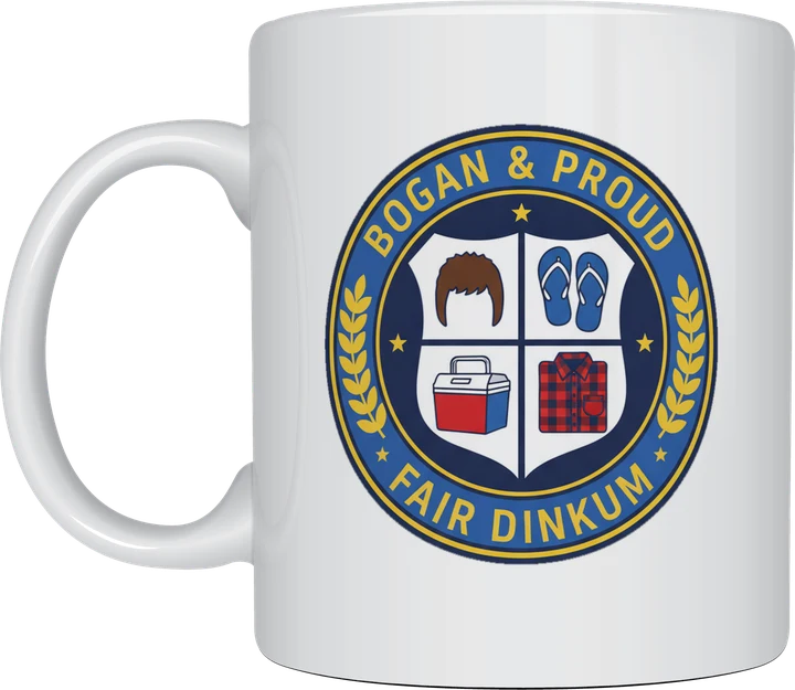 Bogan and proud mug: Round university style seal reading Bogan and Proud and Fair Dinkum, with a shield showing a mullet, thongs, a cooler and a flannelette shirt