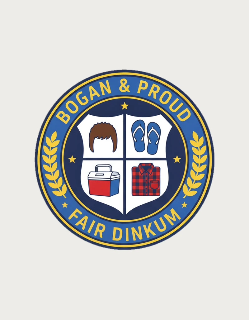 Round university style seal reading Bogan and Proud and Fair Dinkum, with a shield showing a mullet, thongs, a cooler and a flannelette shirt - flat print artwork for the bogan and proud mug