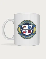 Bogan and proud mug: Round university style seal reading Bogan and Proud and Fair Dinkum, with a shield showing a mullet, thongs, a cooler and a flannelette shirt