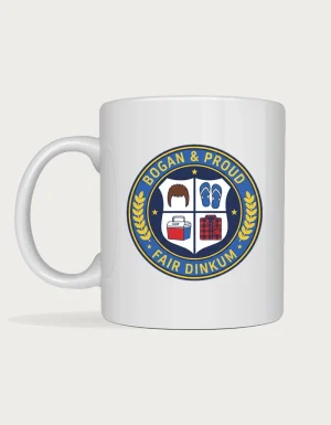 Bogan and proud mug: Round university style seal reading Bogan and Proud and Fair Dinkum, with a shield showing a mullet, thongs, a cooler and a flannelette shirt