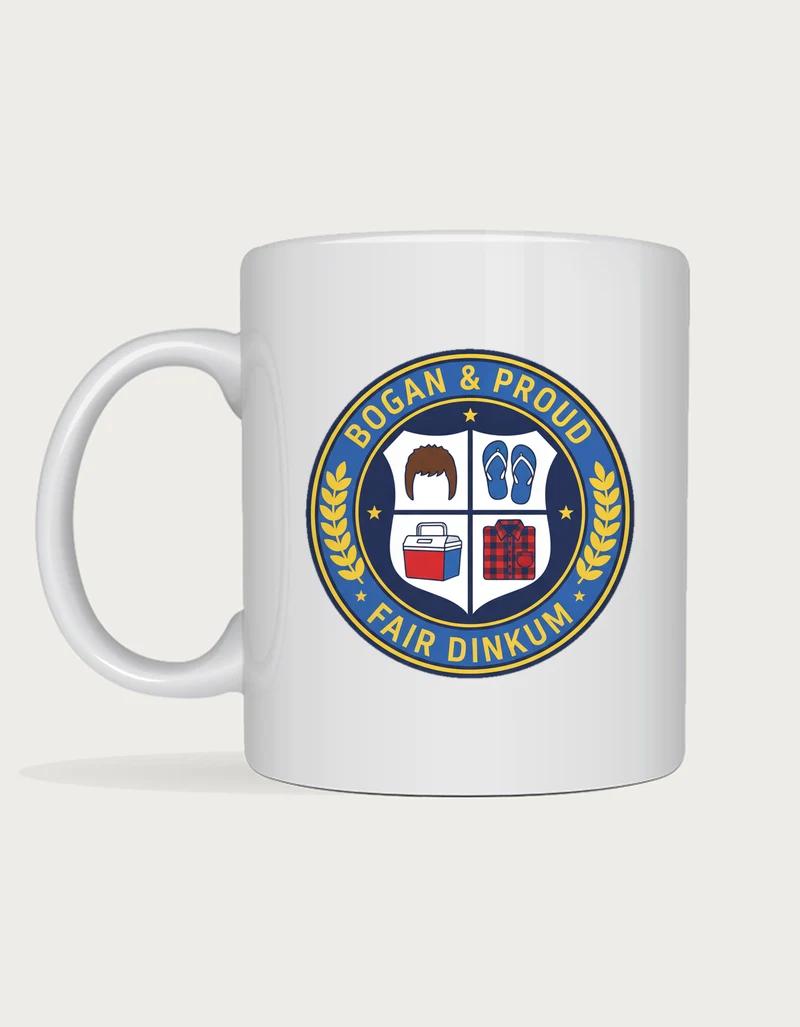 Bogan and proud mug: Round university style seal reading Bogan and Proud and Fair Dinkum, with a shield showing a mullet, thongs, a cooler and a flannelette shirt
