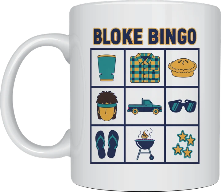 Bloke bingo mug: Bingo card with nine squares showing a stubby holder, flannelette shirt, meat pie, mullet, ute, sunglasses, thongs, barbecue and stars, titled Bloke Bingo
