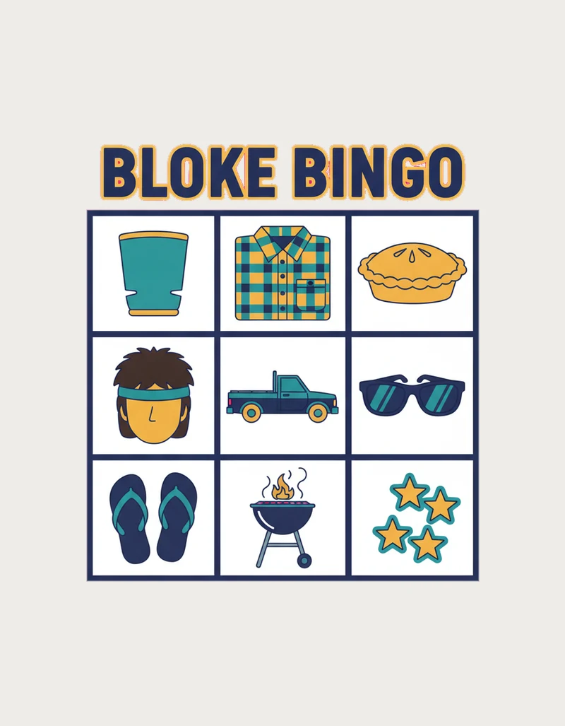 Bingo card with nine squares showing a stubby holder, flannelette shirt, meat pie, mullet, ute, sunglasses, thongs, barbecue and stars, titled Bloke Bingo - flat print artwork for the bloke bingo mug