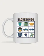 Bloke bingo mug: Bingo card with nine squares showing a stubby holder, flannelette shirt, meat pie, mullet, ute, sunglasses, thongs, barbecue and stars, titled Bloke Bingo