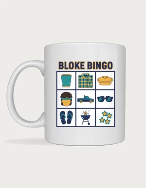 Bloke bingo mug: Bingo card with nine squares showing a stubby holder, flannelette shirt, meat pie, mullet, ute, sunglasses, thongs, barbecue and stars, titled Bloke Bingo
