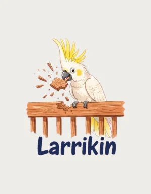 Watercolour sulphur-crested cockatoo cheerfully ripping chunks out of a timber deck railing above the word Larrikin - flat print artwork for the larrikin mug