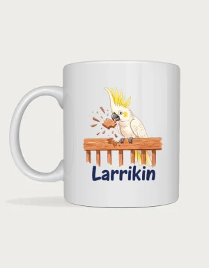 Larrikin mug: Watercolour sulphur-crested cockatoo cheerfully ripping chunks out of a timber deck railing above the word Larrikin