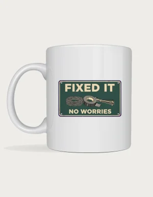 Fixed it mug: Vintage green enamel sign reading Fixed It and No Worries with fencing wire, gaffer tape and cable ties