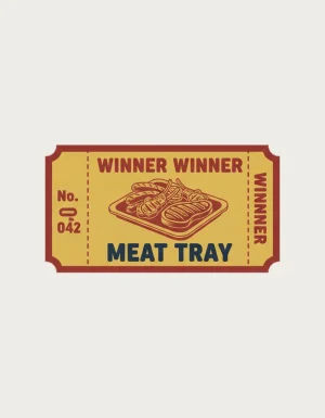 Mustard yellow pub raffle ticket with a meat tray illustration reading Winner Winner Meat Tray, number 042 - flat print artwork for the meat tray mug