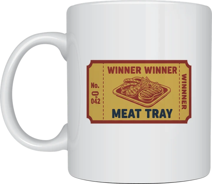 Meat tray mug: Mustard yellow pub raffle ticket with a meat tray illustration reading Winner Winner Meat Tray, number 042