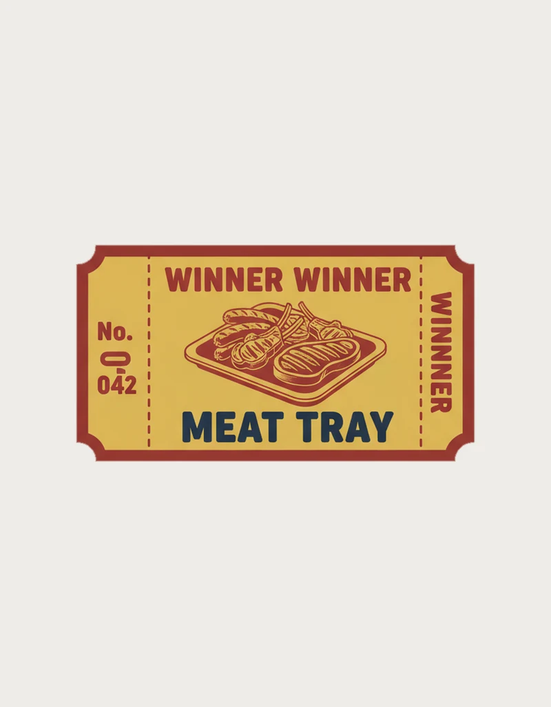 Mustard yellow pub raffle ticket with a meat tray illustration reading Winner Winner Meat Tray, number 042 - flat print artwork for the meat tray mug