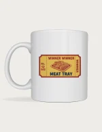 Meat tray mug: Mustard yellow pub raffle ticket with a meat tray illustration reading Winner Winner Meat Tray, number 042