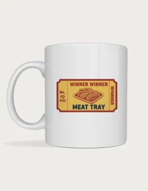 Meat tray mug: Mustard yellow pub raffle ticket with a meat tray illustration reading Winner Winner Meat Tray, number 042