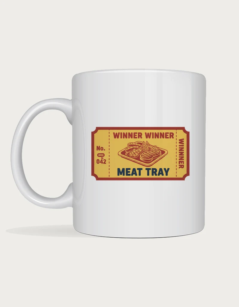Meat tray mug: Mustard yellow pub raffle ticket with a meat tray illustration reading Winner Winner Meat Tray, number 042