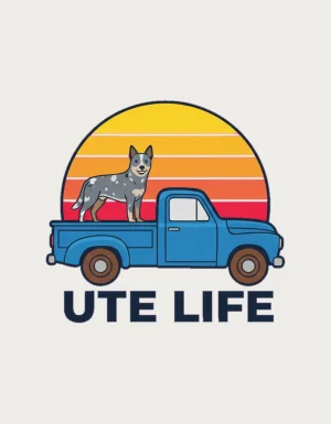 Cartoon blue ute with a blue heeler cattle dog standing on the tray in front of a striped sunset, above the words Ute Life - flat print artwork for the ute life mug