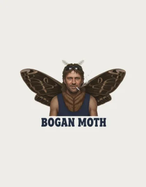 Photorealistic half man, half Bogong moth with a mullet, sunglasses, a cigarette and a navy singlet, above the words Bogan Moth - flat print artwork for the bogan moth mug