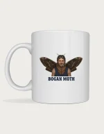 Bogan moth mug: Photorealistic half man, half Bogong moth with a mullet, sunglasses, a cigarette and a navy singlet, above the words Bogan Moth