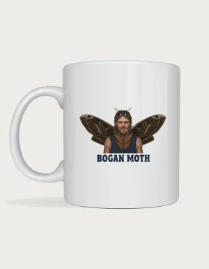 Bogan moth mug: Photorealistic half man, half Bogong moth with a mullet, sunglasses, a cigarette and a navy singlet, above the words Bogan Moth